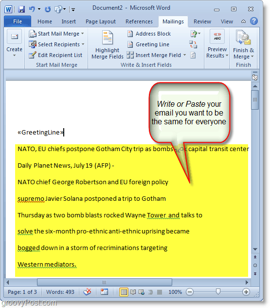 Το στιγμιότυπο του Outlook 2010 - γράψτε το περιεχόμενο μαζικής αλληλογραφίας