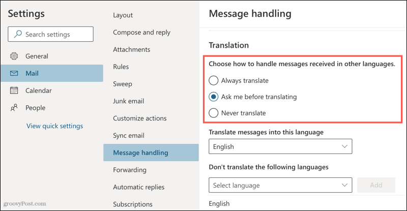 Ρυθμίσεις μετάφρασης στο Outlook online