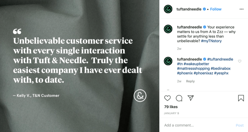 γραφικό προσφοράς πελατών από τον λογαριασμό Tuft και Needle Instagram
