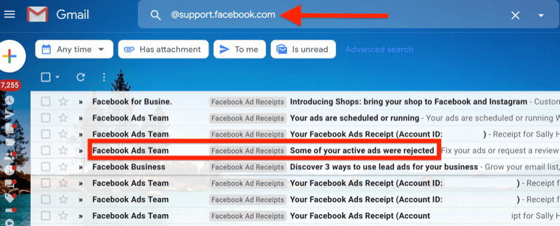 παράδειγμα ενός φίλτρου gmail για το @ support.facebook.com για την απομόνωση όλων των ειδοποιήσεων μέσω email για το Facebook