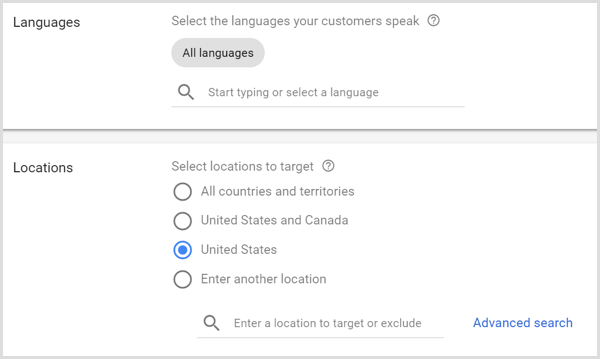 Ρυθμίσεις γλωσσών και τοποθεσιών για την καμπάνια του Google AdWords.