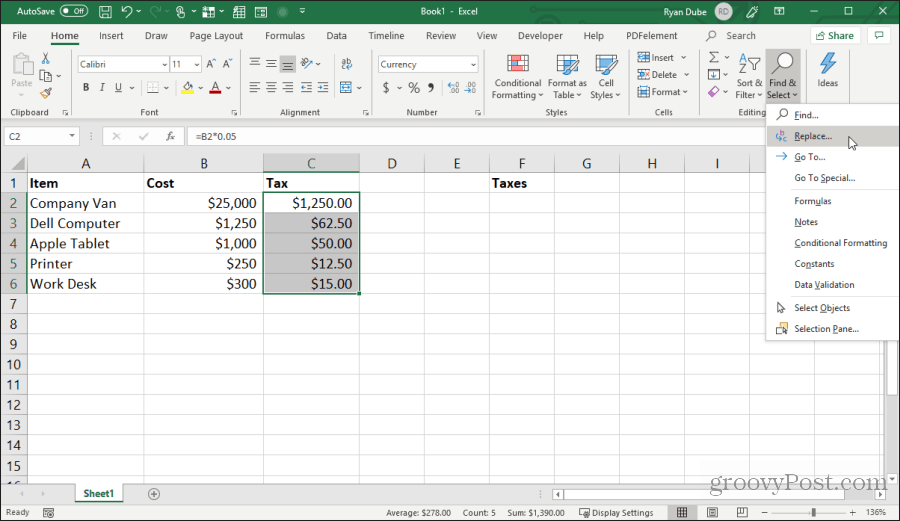 αντικαθιστώντας τους χαρακτήρες τύπων στο Excel