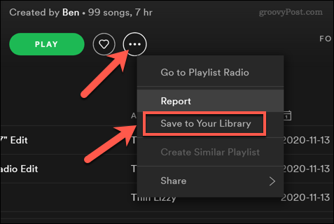 Αποθήκευση λίστας αναπαραγωγής Spotify σε βιβλιοθήκη χρηστών