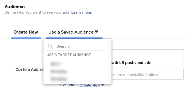 Επιλογή να χρησιμοποιήσετε ένα αποθηκευμένο κοινό για μια καμπάνια διαφημίσεων επικεφαλής στο Facebook.
