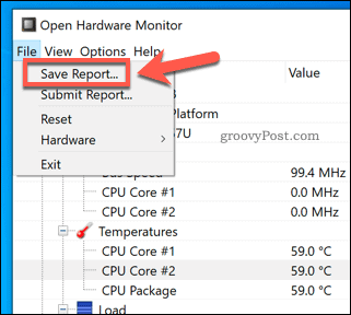 Αποθήκευση μιας αναφοράς Open Hardware Monitor