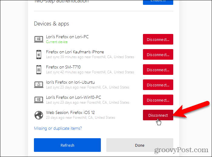 Αποσύνδεση μιας συσκευής στον Firefox για Windows