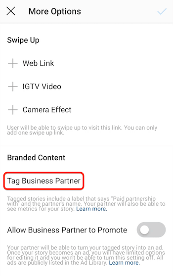 Επιλογή ετικέτας Business Partner για Instagram Stories