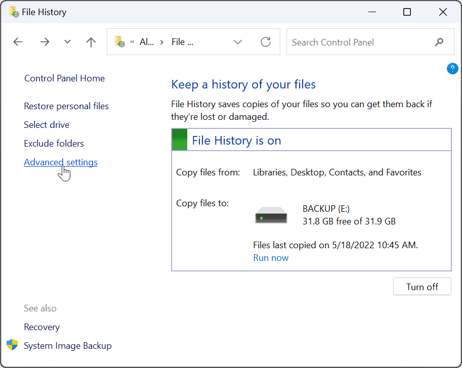 ιστορικό αρχείων προηγμένης χρήσης στα Windows 11