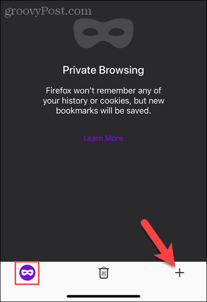 Πατήστε το κουμπί Νέα καρτέλα σε λειτουργία ιδιωτικής περιήγησης στον Firefox σε iOS