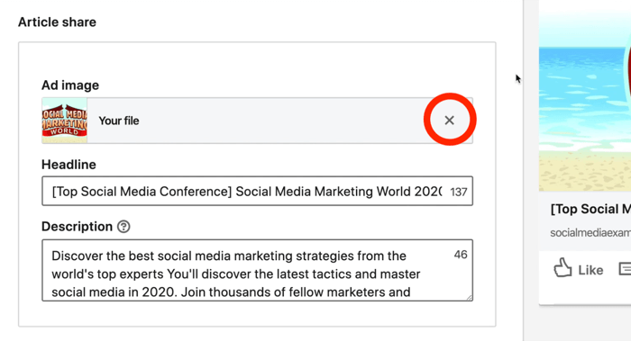το στιγμιότυπο οθόνης του κουμπιού X κυκλώθηκε με κόκκινο χρώμα δίπλα στην εικόνα διαφήμισης του LinkedIn κατά τη ρύθμιση