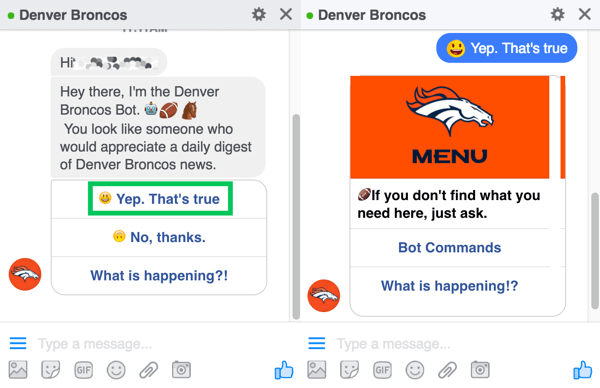 Το chatbot του Denver Broncos ζητά από τους χρήστες να εγγραφούν στην καθημερινή τους χροιά.