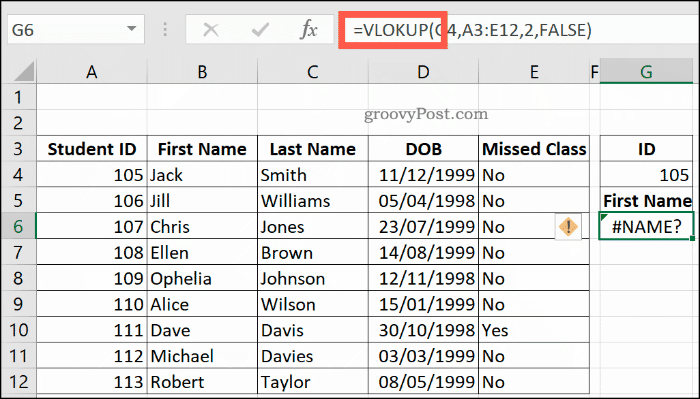 Ένας τύπος VLOOKUP misspelt στο Excel, επιστρέφοντας ένα σφάλμα NAME