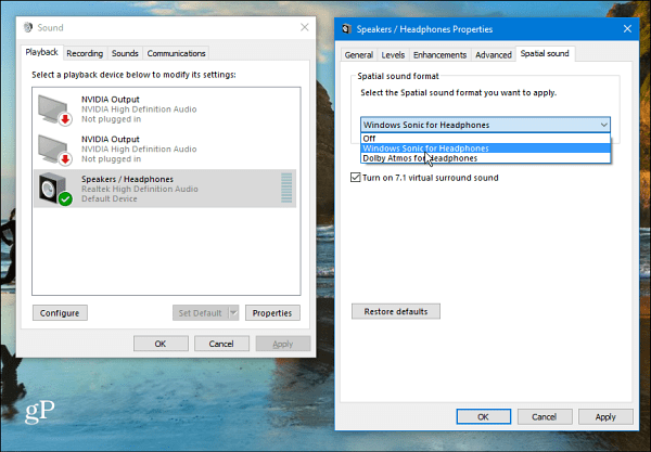 Ρύθμιση χώρου ήχου των Windows 10
