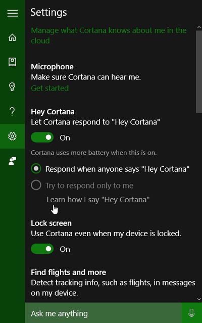 Cortana Ρυθμίσεις