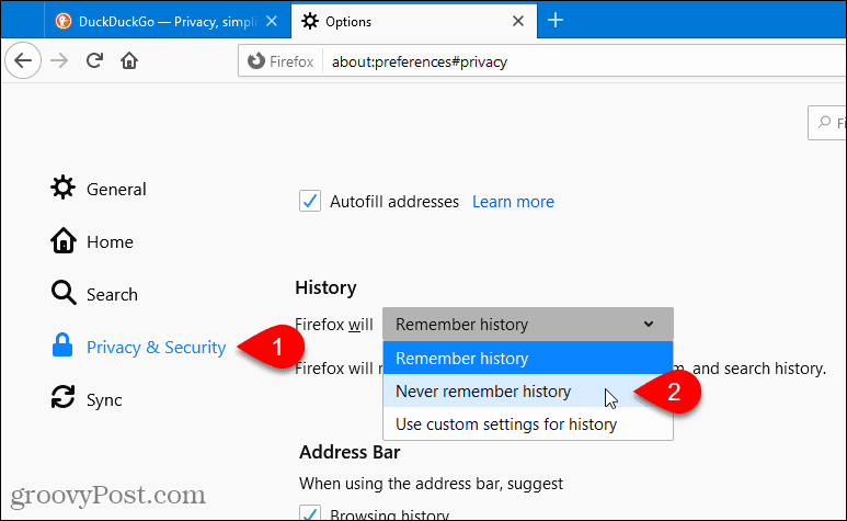 Επιλέξτε Ποτέ μην θυμάστε το ιστορικό στον Firefox