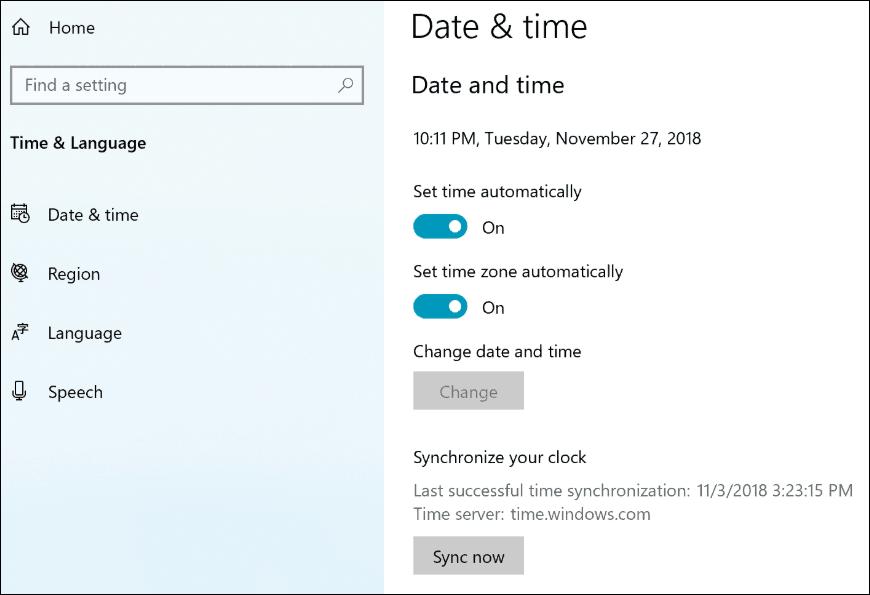 Ρυθμίσεις ρολογιού συγχρονισμού των Windows 19 19H1