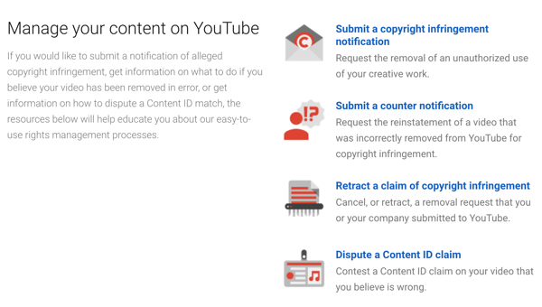 Το YouTube έχει διαδικασίες κατάργησης που μπορείτε να ακολουθήσετε εάν κάποιος παραβιάζει τα πνευματικά σας δικαιώματα.