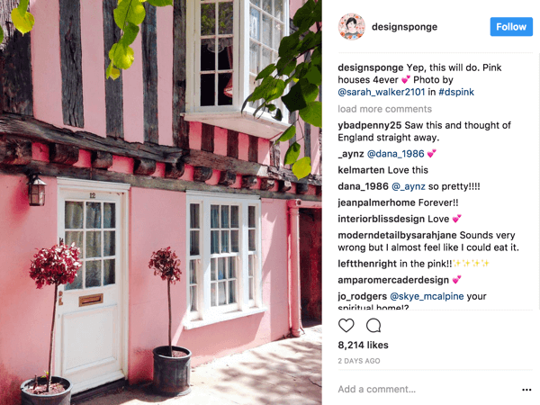 Το DesignSponge ενθαρρύνει τους οπαδούς του Instagram να συνεισφέρουν φωτογραφίες με βάση ένα συνεχώς μεταβαλλόμενο hashtag που καθορίζει ένα θέμα.