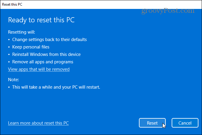 έτοιμο για επαναφορά των Windows 11 PC