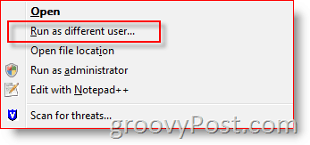 Προσθέστε την εκτέλεση ως διαφορετικό χρήστη στο μενού περιήγησης των Windows Explorer για Vista και Server 2008:: groovyPost.com