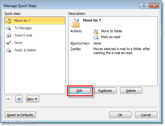 επεξεργαστείτε τα γρήγορα βήματα στο Outlook 2010