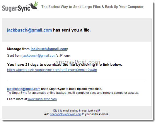 SugarSync Μοιραστείτε τα αρχεία μέσω ηλεκτρονικού ταχυδρομείου