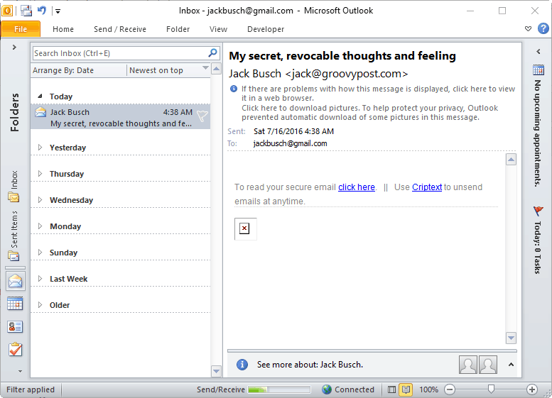 ασφαλές email criptext στο Outlook