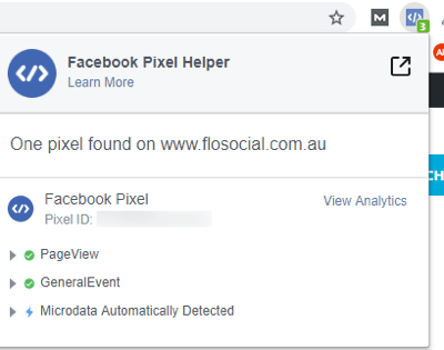 Χρησιμοποιήστε το Εργαλείο εγκατάστασης συμβάντων Facebook, βήμα 12, λεπτομέρειες επέκτασης Facebook Pixel Helper για παράδειγμα ιστοσελίδας