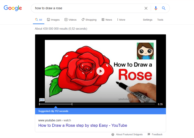 παράδειγμα κορυφαίου βίντεο youtube στα αποτελέσματα αναζήτησης google για "πώς να σχεδιάσετε ένα τριαντάφυλλο"