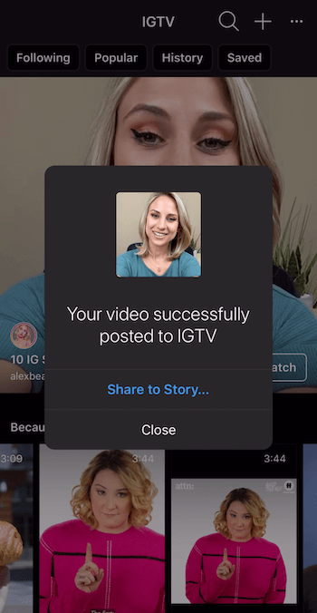 προτροπή για κοινή χρήση βίντεο IGTV στο Instagram Stories