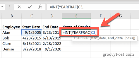 Ημερομηνία έναρξης τύπου excel yearfrac