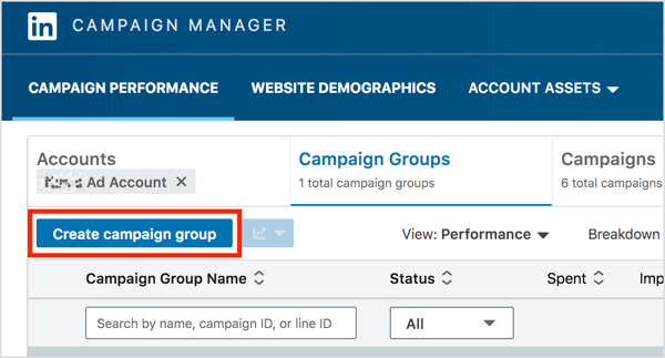 Στην καρτέλα Ομάδες καμπάνιας του LinkedIn Campaign Manager, κάντε κλικ στο κουμπί Δημιουργία ομάδας καμπανιών.