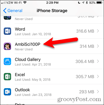 Αγγίξτε την εφαρμογή κάτω από το iPhone Storage