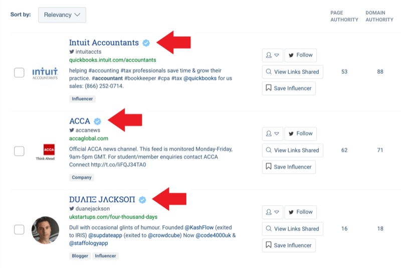 Στρατηγική μάρκετινγκ κοινωνικών μέσων; Στιγμιότυπο οθόνης των αποτελεσμάτων αναζήτησης από το εργαλείο ταυτοποίησης του BuzzSumo's influencer μετά την εισαγωγή της λέξης-κλειδιού «λογιστική».