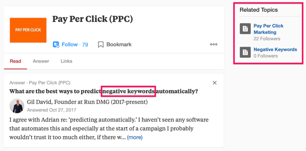 Παράδειγμα αποτελέσματος αναζήτησης Quora, συμπεριλαμβανομένου του όρου αναζήτησης «PPC» και της φράσης «αρνητικές λέξεις-κλειδιά».