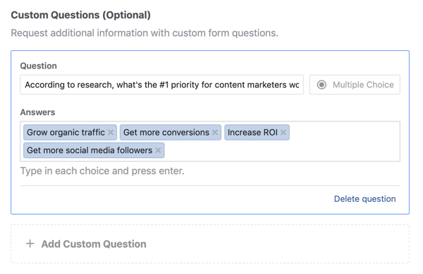 Παράδειγμα επιλογών ερωτήσεων και απαντήσεων για μια ερώτηση για μια διαφημιστική καμπάνια στο Facebook.