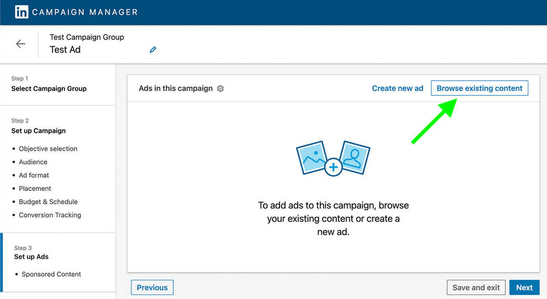 διαφημίσεις-καμπάνια-πώς-χρήση-socialproof-in-linkedin-ads-browse-existing-content-campaign-manager-example-12