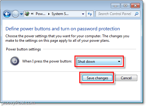 ρυθμίστε τι θα κάνει το κουμπί τερματισμού των Windows 7, κάντε κλικ στο κουμπί Αποθήκευση αλλαγών για να τελειώσετε