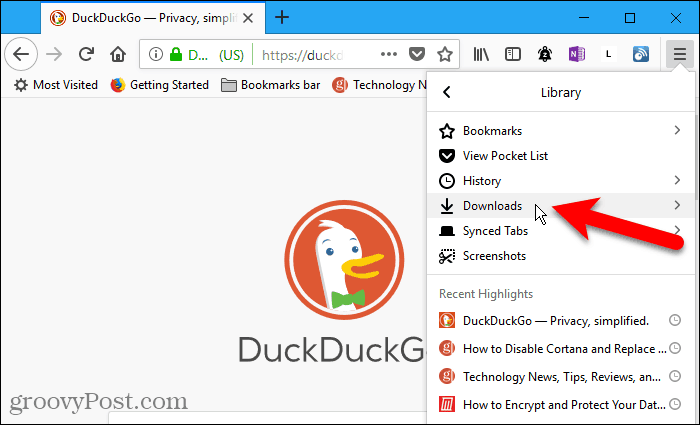 Επιλέξτε Λήψεις από το μενού Βιβλιοθήκη στο Firefox