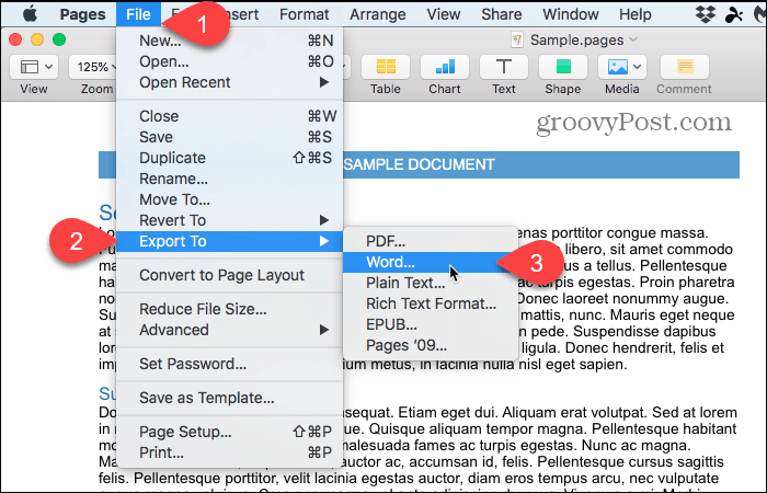 Αρχείο> Εξαγωγή σε> Word σε σελίδες σε Mac
