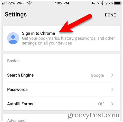 Πατήστε Σύνδεση στο Chrome στο iOS