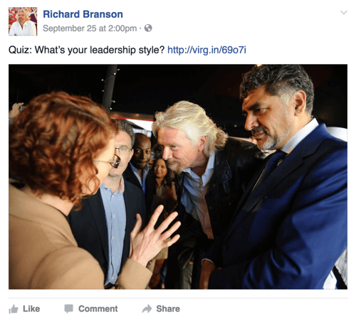 richard branson Facebook post με κουίζ