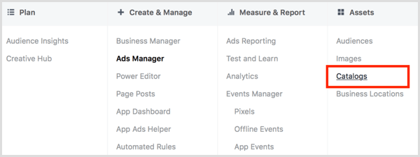 Κάντε κλικ στο σύνδεσμο Κατάλογοι στη στήλη Στοιχεία στο Facebook Ads Manager.