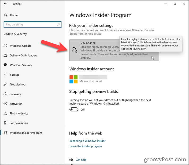 Κάντε κλικ στο Dev Channel κάτω από την επιλογή Επιλογές Insider στις Windows 10