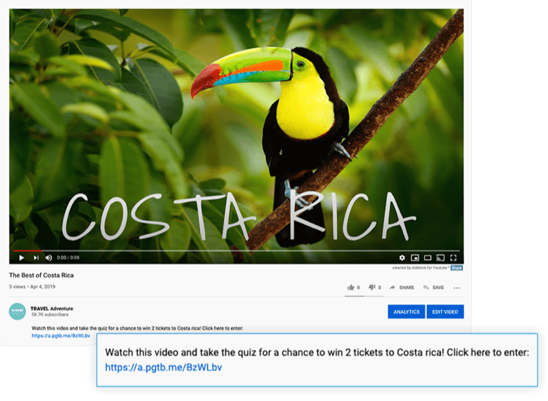 τόνισε την περιγραφή βίντεο στο YouTube με μια προσφορά για να παρακολουθήσετε το βίντεο και να λάβετε το κουίζ για την ευκαιρία να κερδίσετε 2 εισιτήρια για την Κόστα Ρίκα
