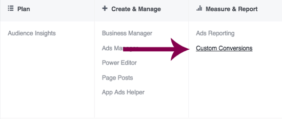 Μεταβείτε στις Προσαρμοσμένες μετατροπές στο Facebook Ads Manager.