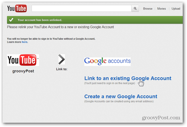 Σύνδεση λογαριασμού YouTube σε νέο λογαριασμό Google - Κάντε κλικ στην επιλογή Σύνδεση σε υπάρχοντα λογαριασμό