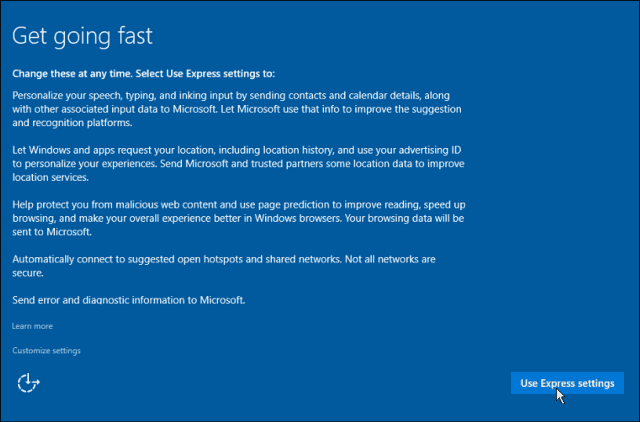 Ρυθμίσεις Express Windows 10