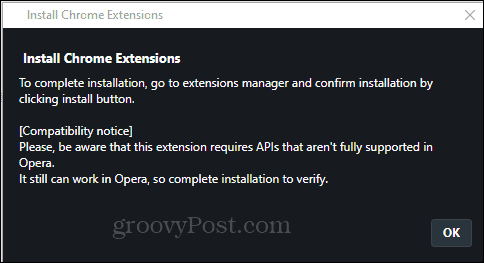 Επιβεβαίωση εγκατάστασης επέκτασης Chrome Opera