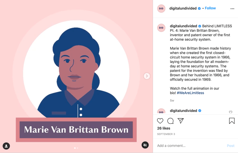 παράδειγμα μιας ανάρτησης mp4 αποσπάσματος που κοινοποιήθηκε στο instagram επισημαίνοντας το marie van brittan brown ως PT. 4 στη σειρά #wearelimitless